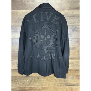 Affliction Jacket Adult 2XL Black Premium Distressed Skull Coat Zip Button MENS